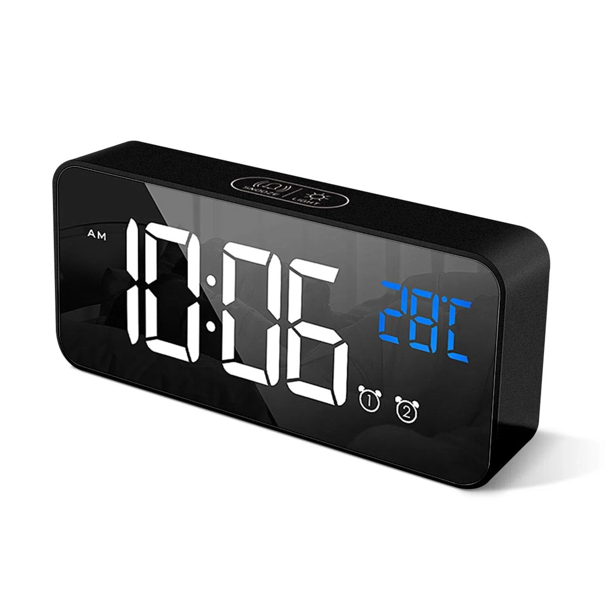 Digitaler Wecker mit großer LED-Temperaturanzeige, tragbarer Spiegelalarm mit Doppelalarm, Zeit-Dimmer, Helligkeitsdimmer in 4 Stufen verstellbar (schwarz)