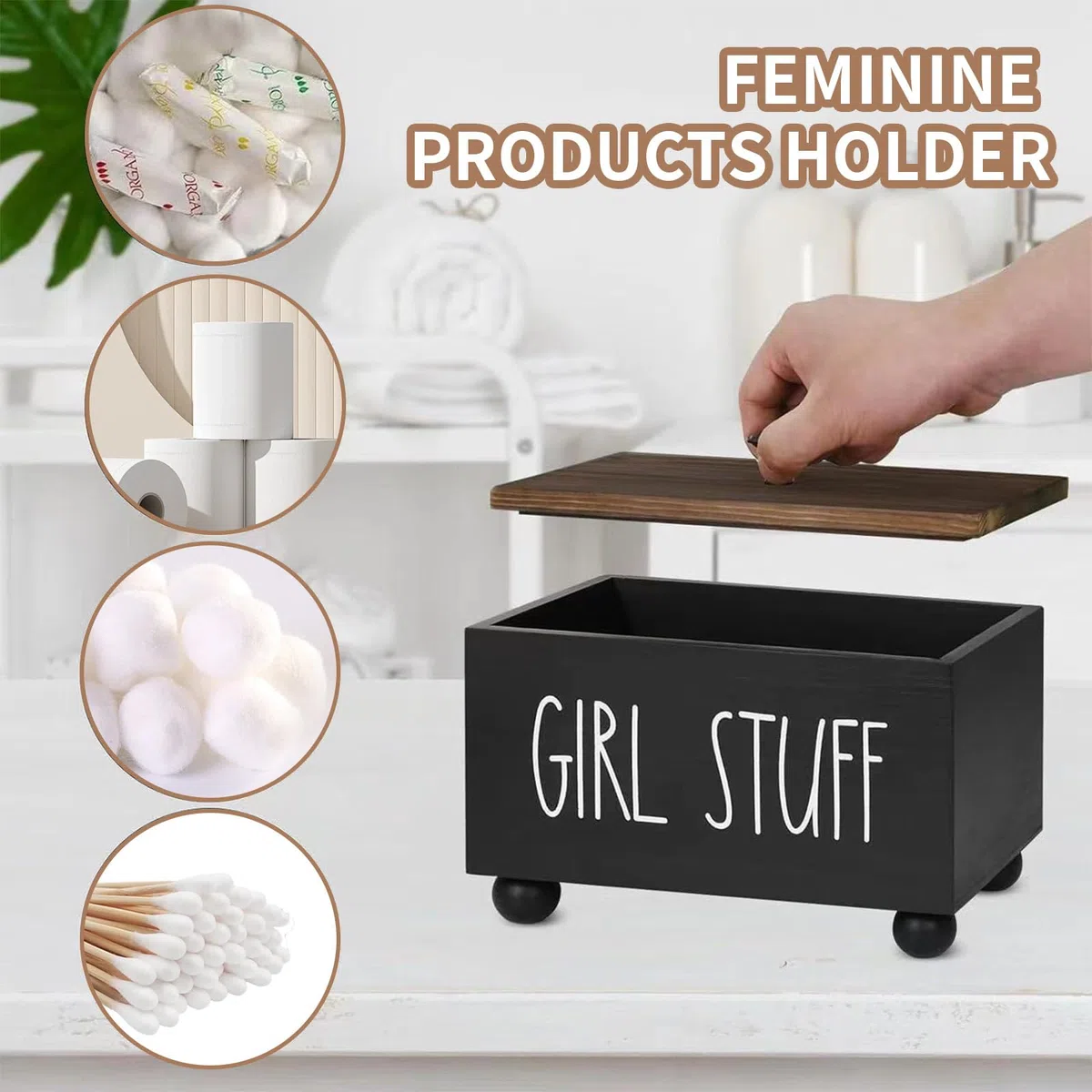 Binden Aufbewahrung Badezimmer, 1 Stück Tampon Aufbewahrungsbox Tamponhalter für Badezimmer mit Deckel Holz Aufbewahrungsbox Hygieneartikel Tampon Aufbewahrungsblock Organizer Schwarz für Frauen
