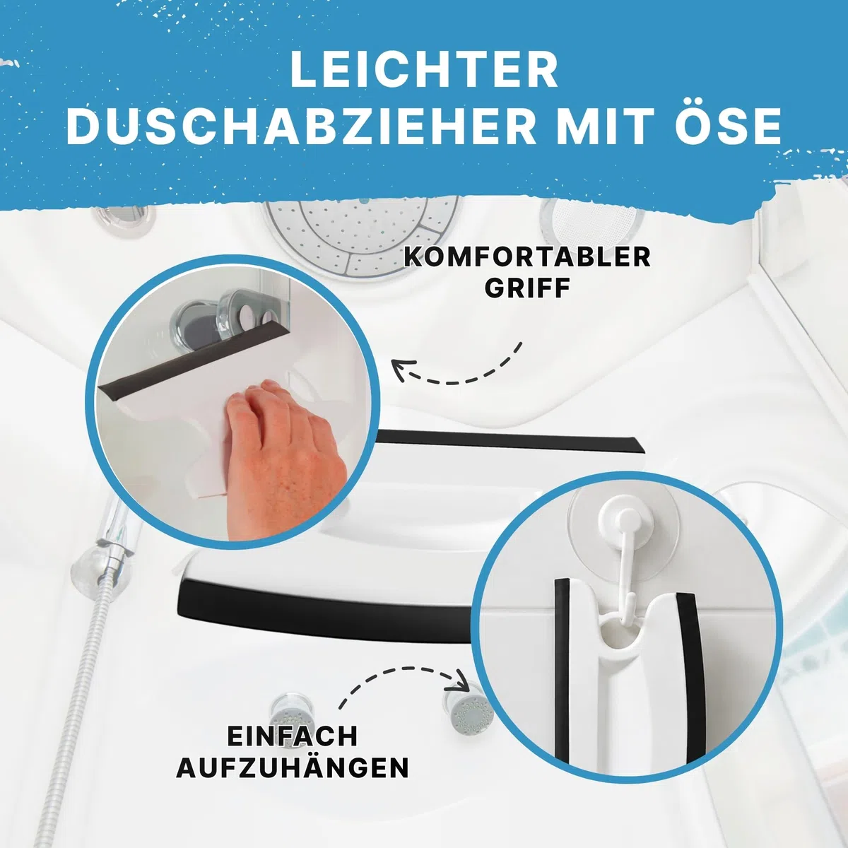 Duschabzieher & Glasabzieher für Bad - ABS-Kunststoff Abzieher Dusche mit 2 Scheibenwischerblättern für Gerade & Gebogene Duschkabine, Spiegel Bad, & Fenster mit Aufhängeschlaufe - Weiß
