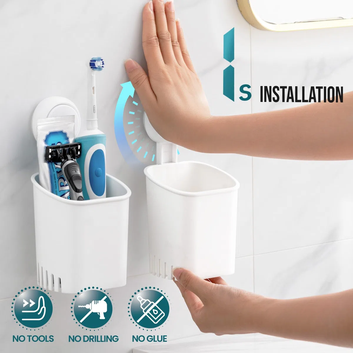 TAILI Saugnapf Zahnbürstenhalter ohne Bohren 2 Stück, Max Halt 3 KG Zahnbürstenhalter Wand für Dusche, Badezimmer Zahnputzbecher, Wasserfester Rasierklingenhalter, Zahnpastahalter, Plastik in Weiß