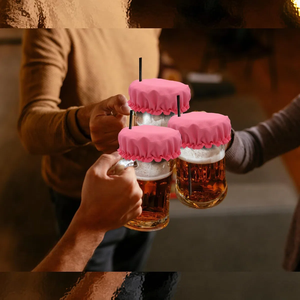 Wolancy 10PCS Getränkedeckel Scrunchie mit Strohhalmloch, Getränkedeckel für Alkoholschutz, Getränkedeckel Scrunchie für Frauen Männer (Pink)