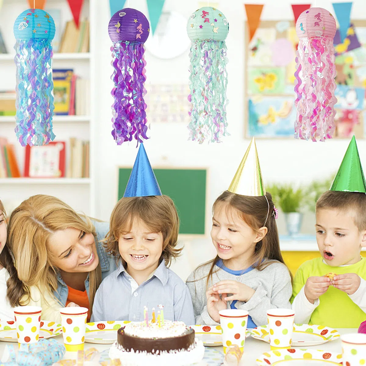 4 Stück Meerjungfrau Geburtstag Deko, Quallen Papierlaternen, Meerjungfrauen Party Dekorationen, Unter Dem Meer Geburtstag Dekorationen, Ozean Thema Party Lieferungen