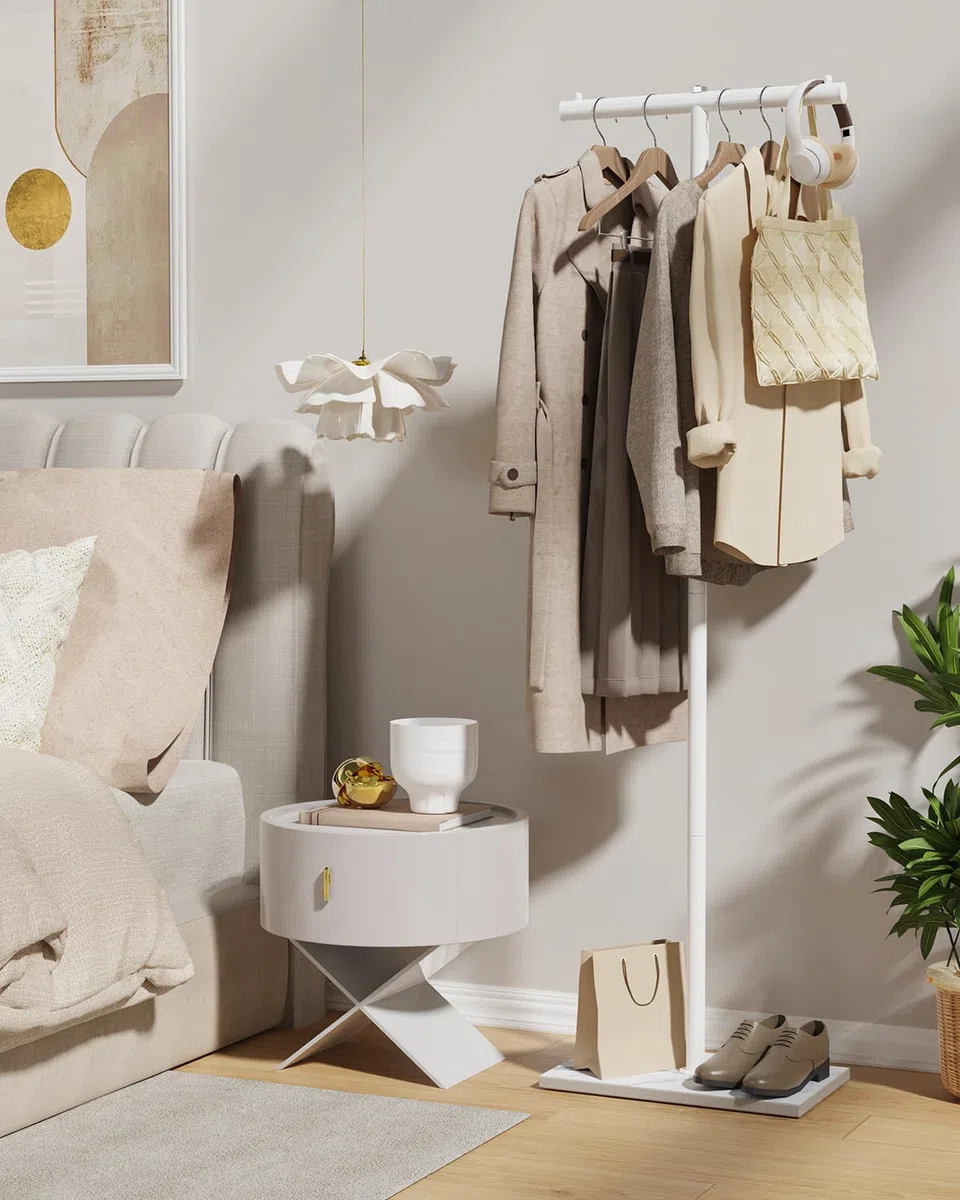 Garderobenständer mit Rock Slab Base, Modern Kleiderbügel Stand, T-förmige Metall Freistehend Kleiderständer für Kleidung, für Entryway, Wohnzimmer, Schlafzimmer, 175 cm, Weiß, GYJ011W