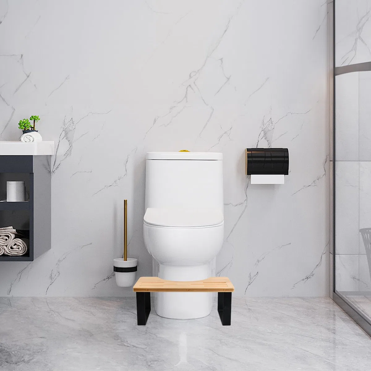 Dokeno Toiletten Hocker, Fußbank Holz, Kackhocker für Erwachsene, Anti-Rutsch Klohocker, Toiletten Schemel, Kackhocker, Tritthocker WC Holz mit Metall für Erwachsene und Kinder