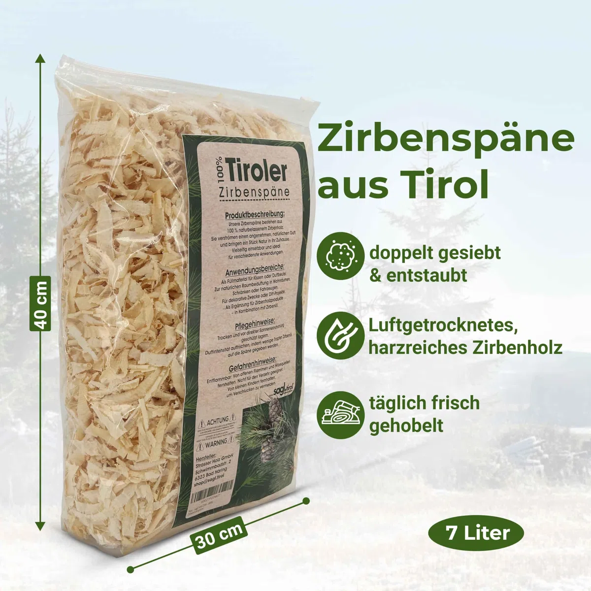sagl.tirol Zirbenspäne Nachfüllpack für Zirbenkissen, Doppelt gesiebt, unbehandelte Zirbenholzspäne, Zirbenspäne für Kissen (7 Liter)
