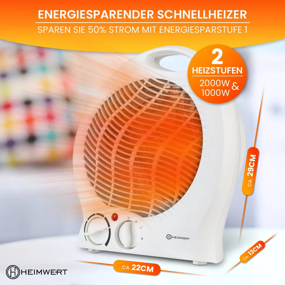 HEIMWERT Heizlüfter energiesparend 2000 Watt - Schnellheizer mit ENERGIESPARSTUFE und Tragegriff - Elektroheizung mit Thermostat und 2 Strom Heizstufen I 2in1 Kühlfunktion I 22x29x13 cm (weiß)