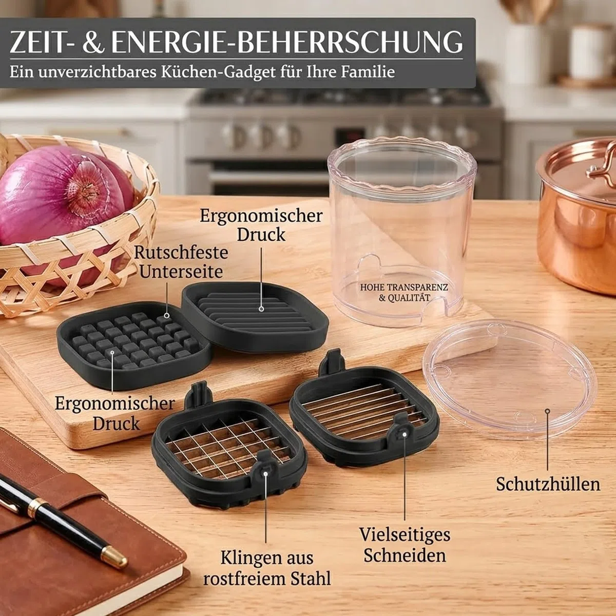 2in1 Obstschneider Becher Edelstahl zum Scheiben und Würfeln，Schwarz | Fruit Slicer Cup, Erdbeerschneider mit Druckplatte, Abnehmbarer Obstschneidebecher für Zwiebel und Eier