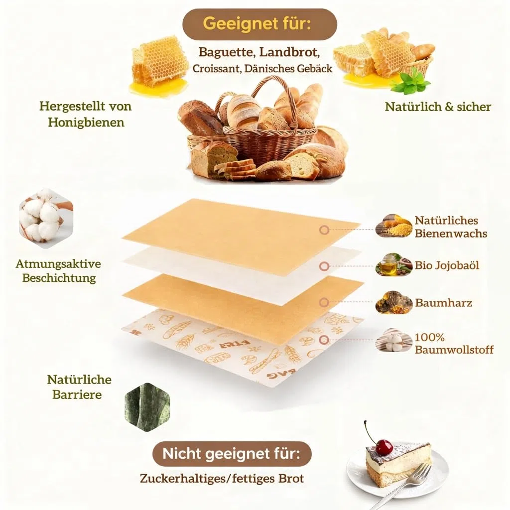 2 Stück Wiederverwendbare Bienenwachs Brotbeutel 43cm×33cm Baumwoll Brottasche mit Bienenwachstuch Innenfutter für Brotaufbewahrung, Baguette, Obst und Gemüse mit Schnallenverschluss