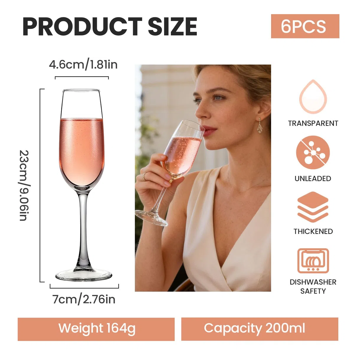 Sektgläser 6er Set, 200 ml Champagnergläser aus bleifreiem Glas, elegante Sektflöten und Prosecco Gläser, spülmaschinengeeignet für Hochzeit, Party, Geburtstag und Jubiläum