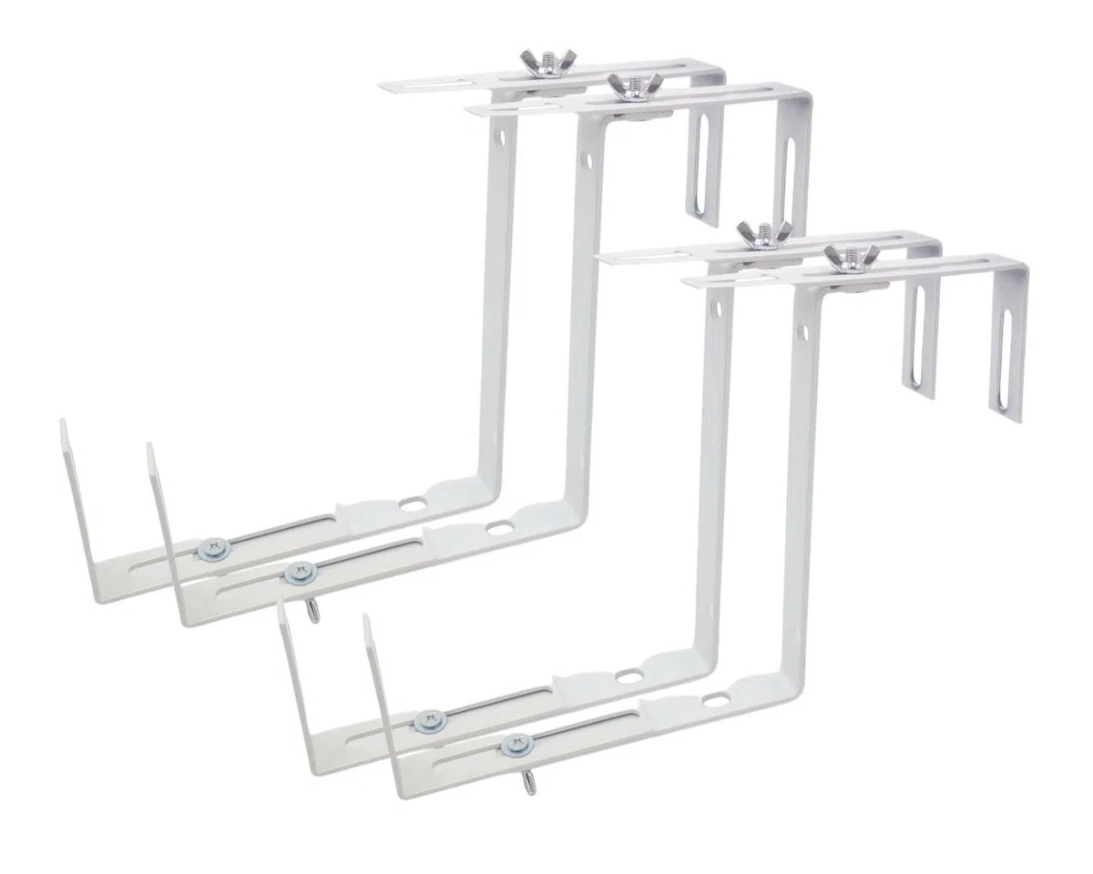 Blumenkastenhalter Weiß 4er Set Balkonhalter Geländerhalter ohne Bohren | BURI, Geländerhalterung, wetterfest, universell, stabile Befestigung, Brüstung, langlebig, einfache Montage, bis 25 kg