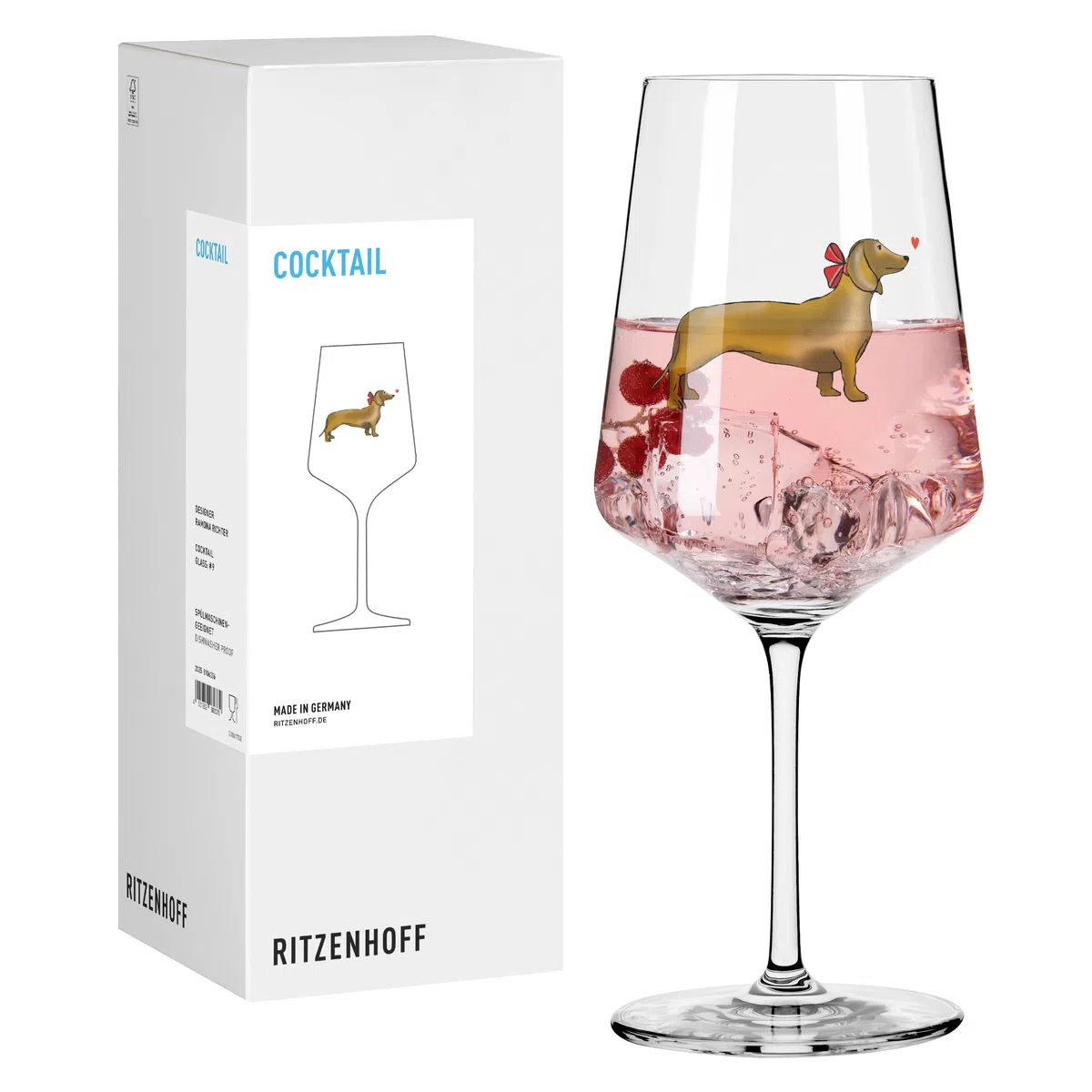 RITZENHOFF 8106006 Cocktail-Glas 500 ml, Serie Tierisch glücklich, Motiv Dackel mit roter Schleife - Made in Germany