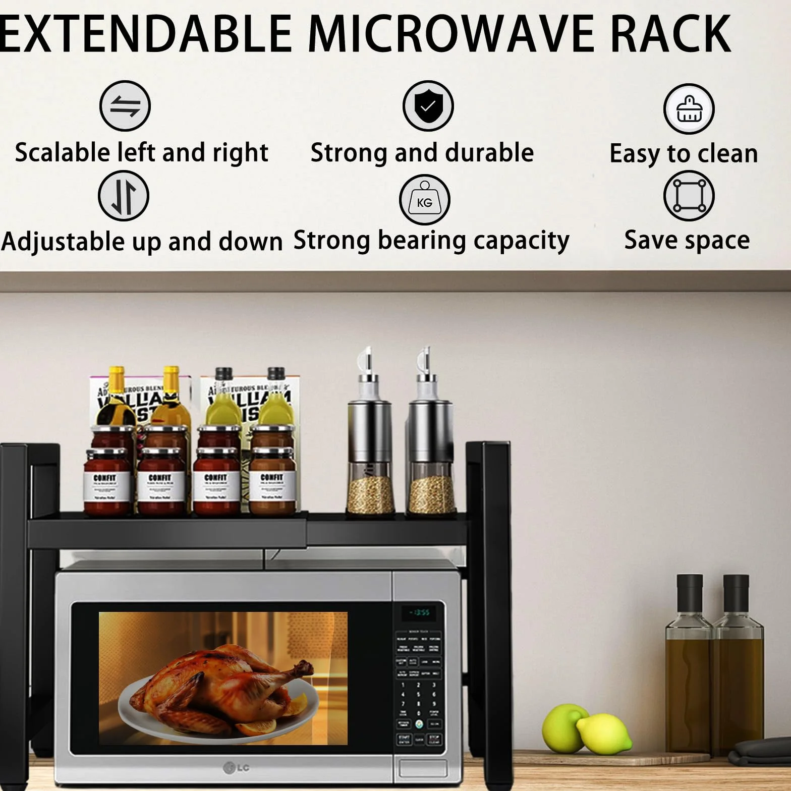 devesanter Erweiterbares Mikrowellen Regal 2-Stufiges Mikrowellenständer mit 5 Haken Küchen-Organizer-Rack Mikrowellen Bäckereiregale für Arbeitsplatte, Ausziehbar von 40-64cm Schwarz