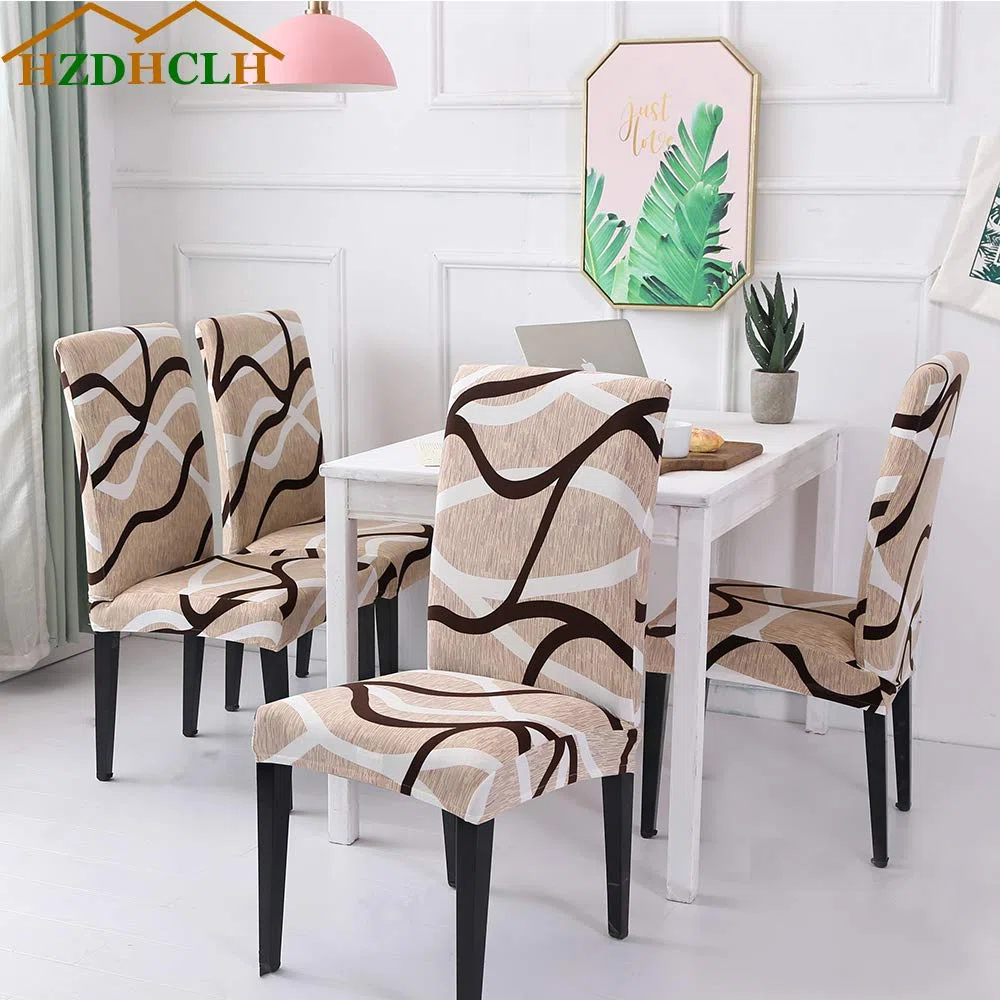 HZDHCLH Stuhlhussen 6er Set Stuhlbezüge Stretch abnehmbar, waschbar, Esszimmerstuhl-Schutzsitz für Hotel Restaurant Küche Hochzeitsfeier（Off-White/Linienmuster/6 Stück