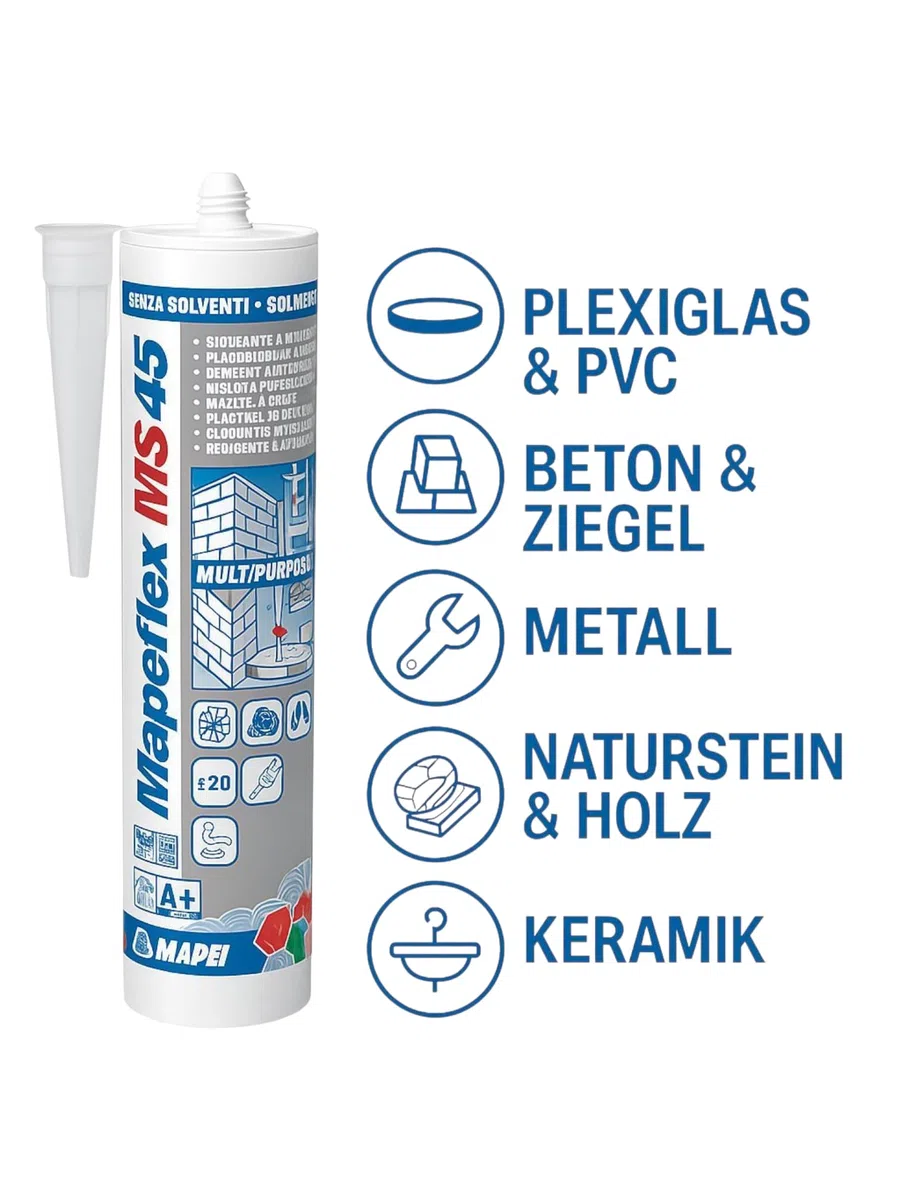 MAPEFLEX MS 45 300 ml Premium Montagekleber & Dichtstoff mit Reinigungsschwamm für Innen & Außen | Für Bad, Küche, Caravan, Boot & Bau | Hochflexibel, Wetterfest, UV-beständig, Grau