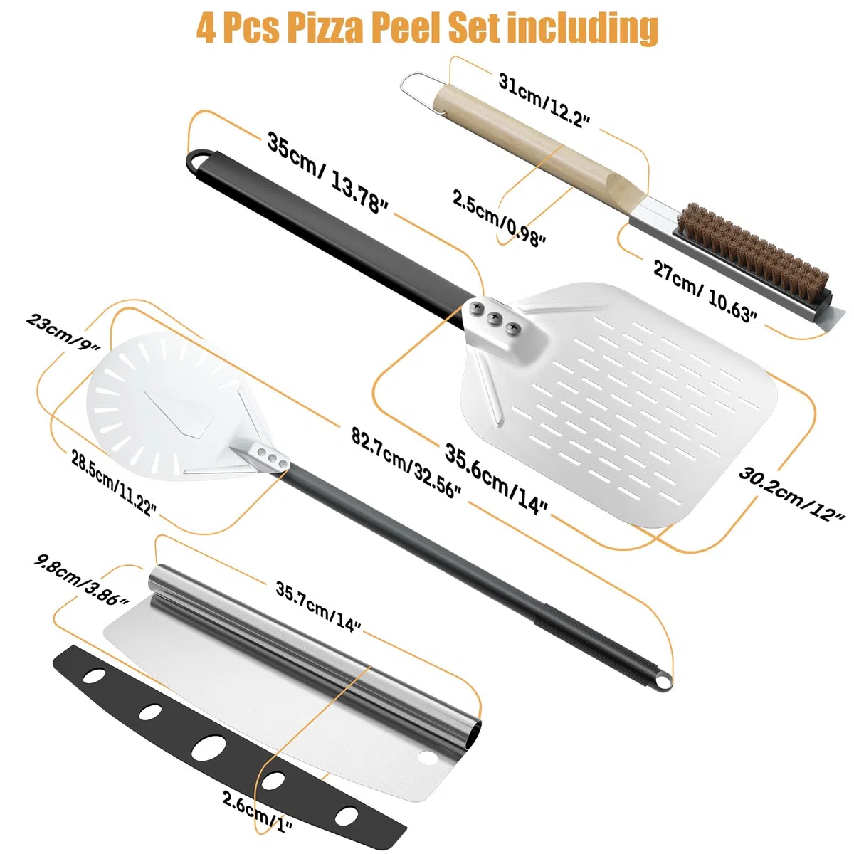 4tlg Pizza Schieber Set, 12 Zoll Pizzaschieber Perforiert + 9 Zoll Pizzaschaufel aus Alulegierung + Profi Pizzaschneider + Pizzaofen Bürste aus Naturborsten, Pizzawender mit 40cm abnehmbarem Griff