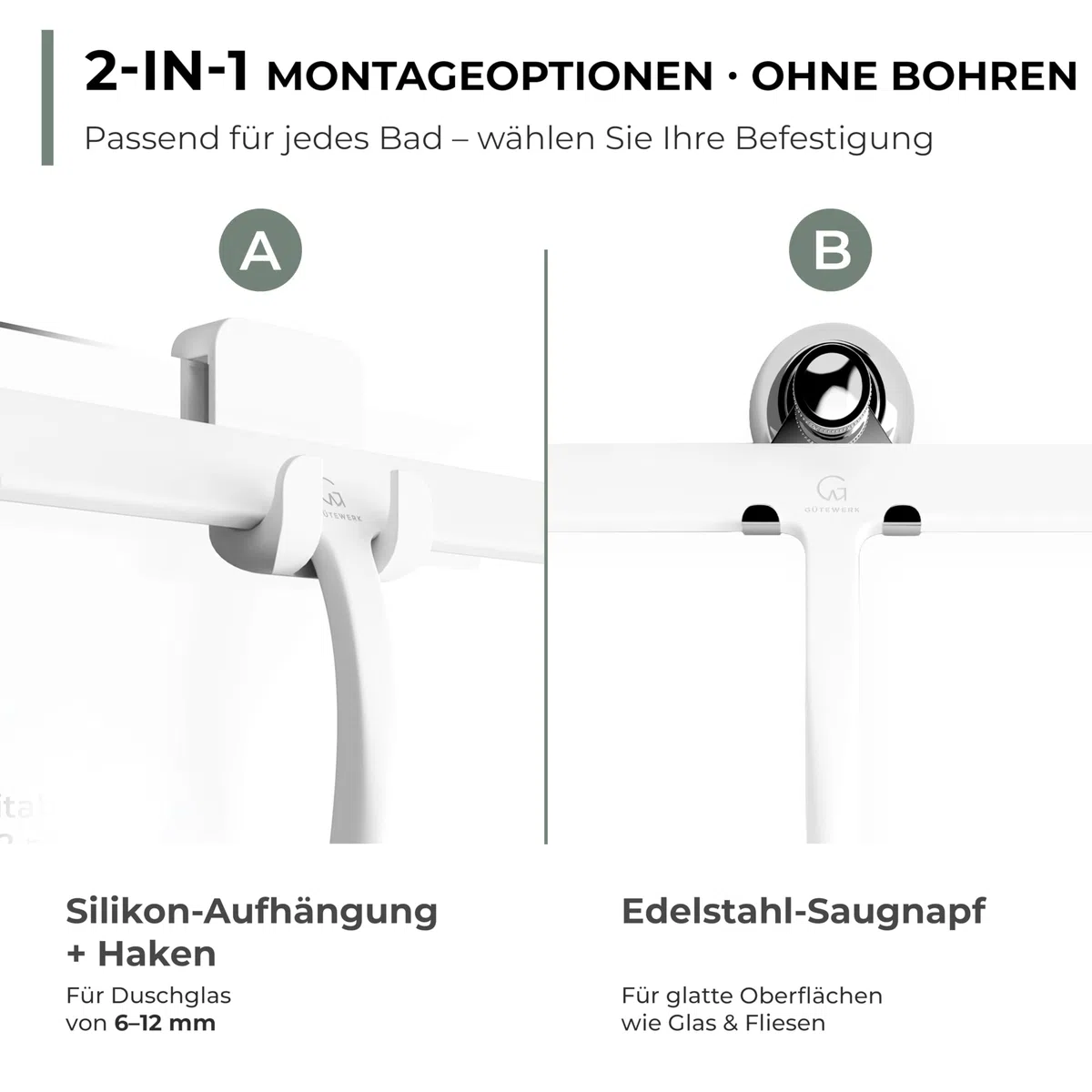 GÜTEWERK Duschabzieher Set mit Haken - weiß 23 cm - ohne Bohren breiter Silikon Abzieher Dusche Bad Badezimmer Fenster Edelstahl Fensterabzieher Scheibenabzieher breit Saugnapf halterung Badabzieher