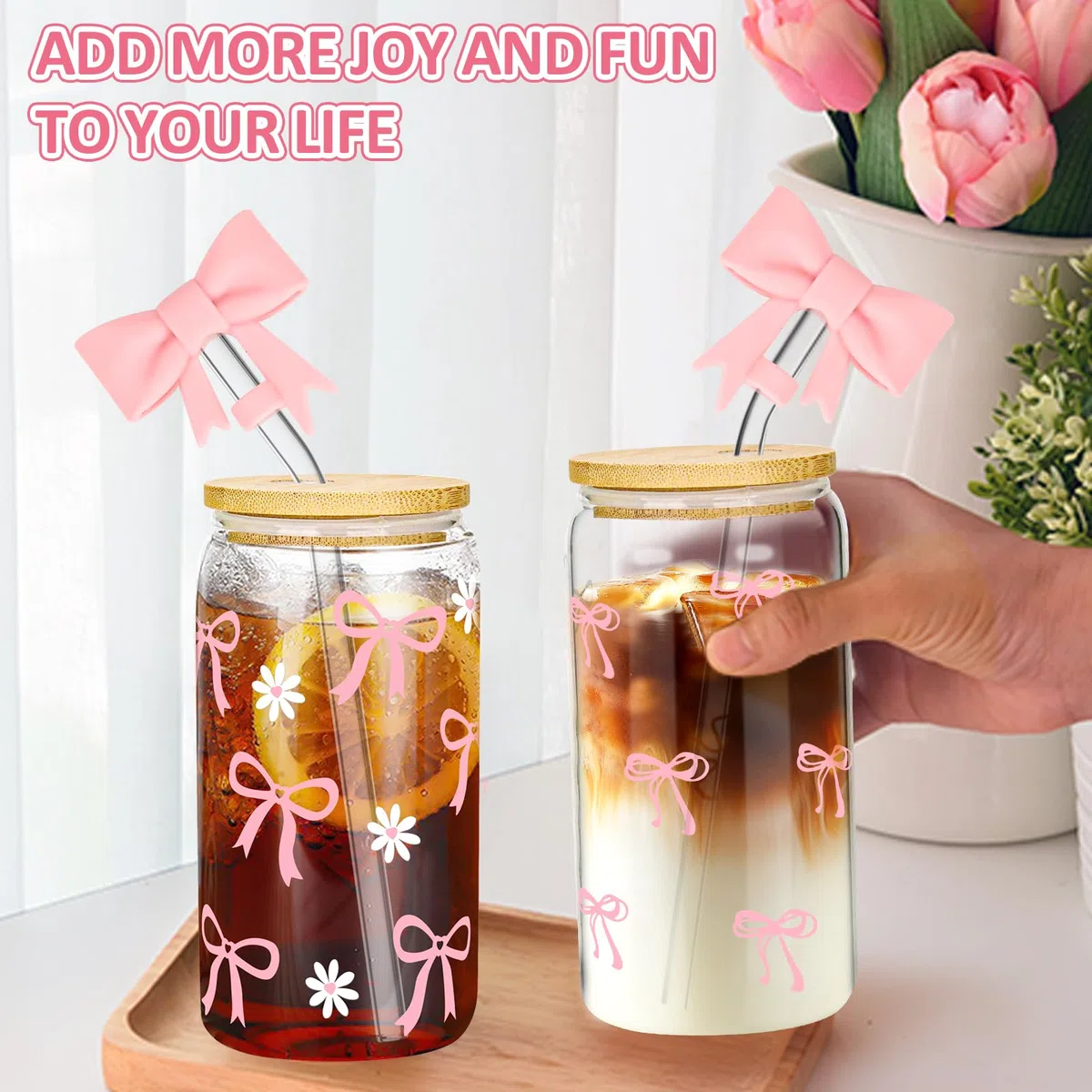 2 Stück 16oz Trinkbecher mit Deckel und Strohhalm, Rosa Trinkgläser Set Aus Glas mit Schleife, Bogen Design Glasbecher Wiederverwendbar für Bubble Tea, Smoothie, Matcha, Milchshake