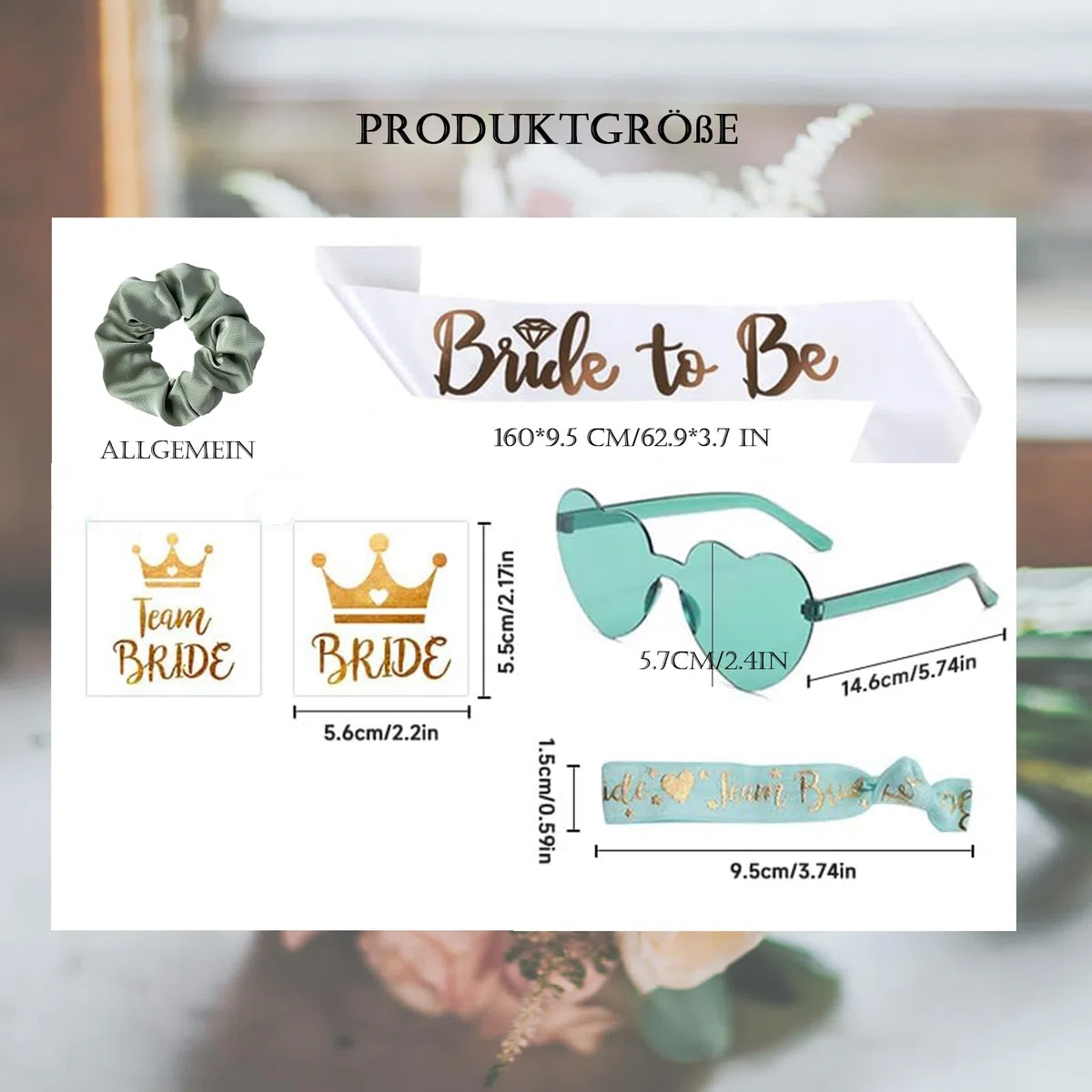49 Stück Jga Accessoires Frauen, JGA Brille Team Braut Haargummi Armbänder für Junggesellenabschied Frauen, 1Bride to be schärpe +12 Herzförmige Brille +12 Haargummi+12 Armband+12 Aufkleber, JGA Deko