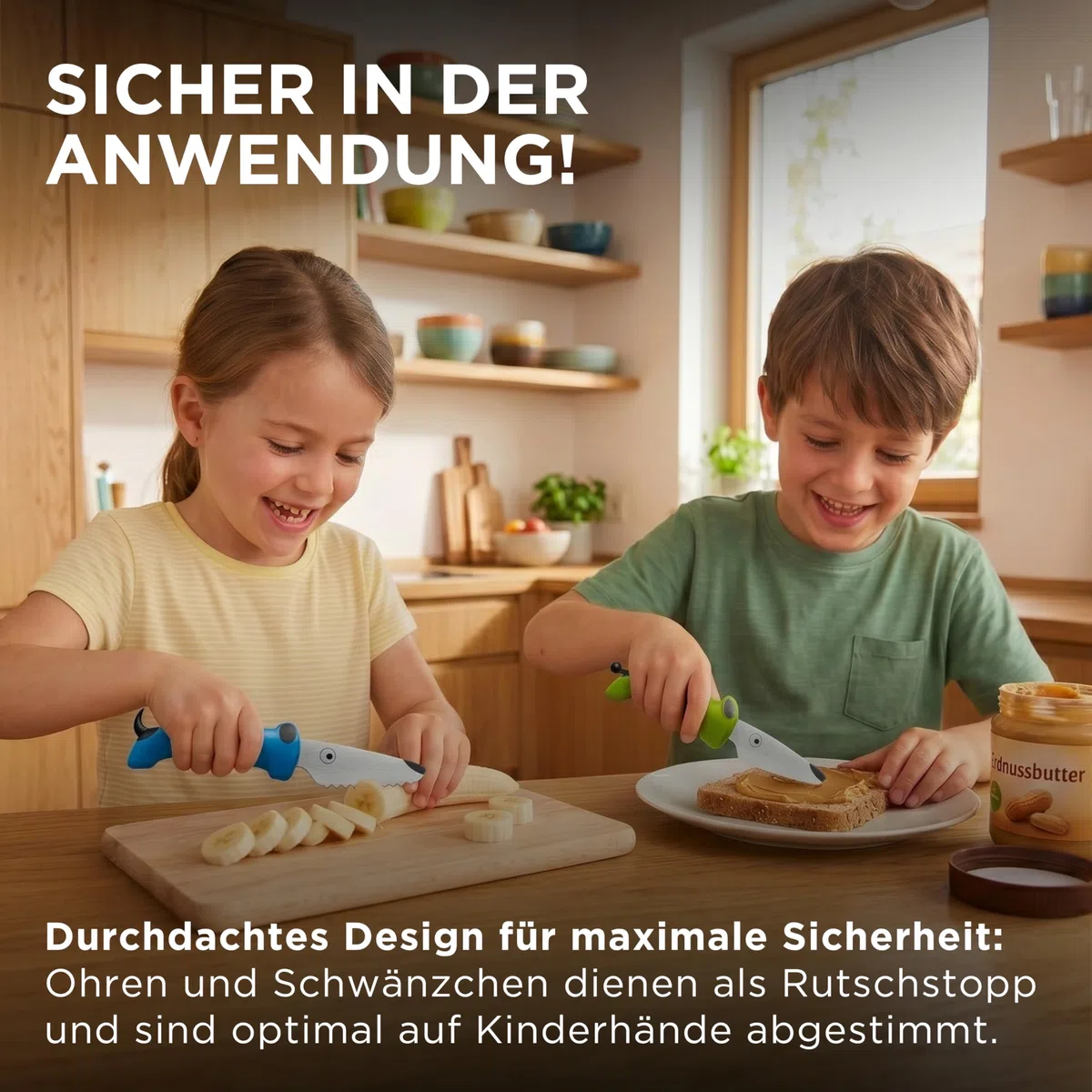 KUHN RIKON Kinderkitchen Kindermesser Set (2-teilig), Kinder-Küchenmesser ab 3 Jahren, Messerset mit Fingerschutz, Edelstahl Klinge (Grün/Blau)