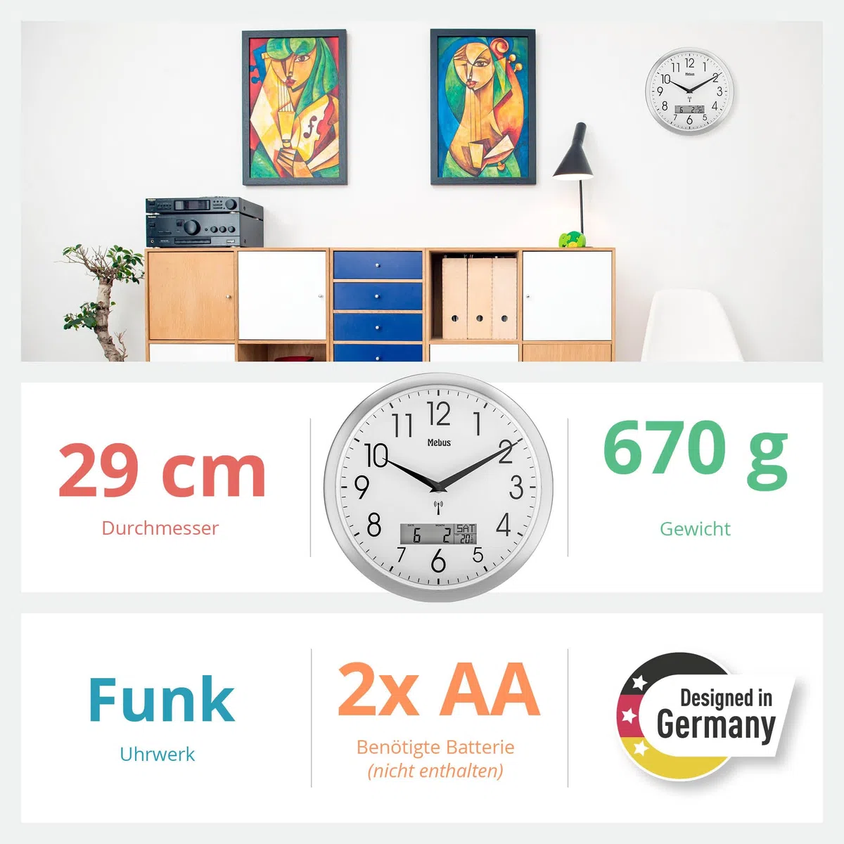 Mebus Analoge Funk-Wanduhr 29cm groß | Leicht lesbar & lautlos | Runde Funkuhr ohne tickgeräusche & großem Ziffernblatt für Küche, Wohnzimmer, Büro, Kinderzimmer | Uhr geräuschlos in Silber