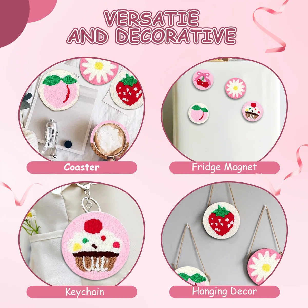 BOYIFEIJIE Punch Needle Set für bunte DIY-Untersetzer, Kreatives Bastelset zum Sticken für Erwachsene & Anfänger mit Motivstoff, Stickrahmen, Garn & Anleitung (Weiß)