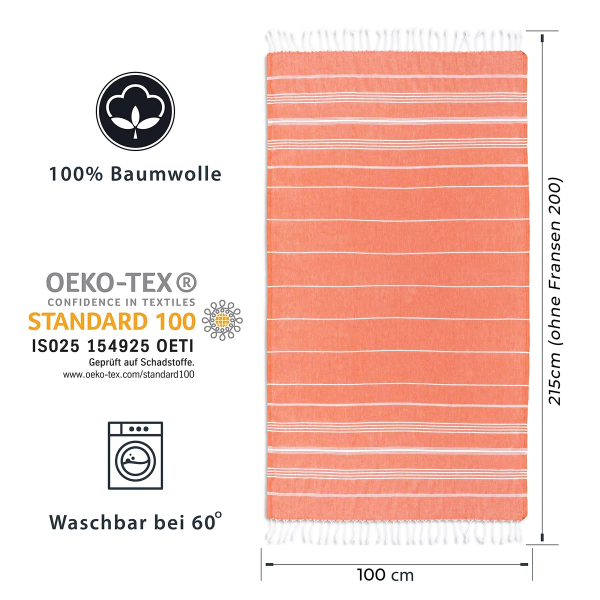 LAYNENBURG 2er-Set Premium Hamamtuch mit handgeknüpften Fransen - 100% Baumwolle - XXL Strandtuch 100x200 cm - Oeko-TEX 100 - Strandhandtuch groß - Saunatuch & Reisehandtuch (Coral)