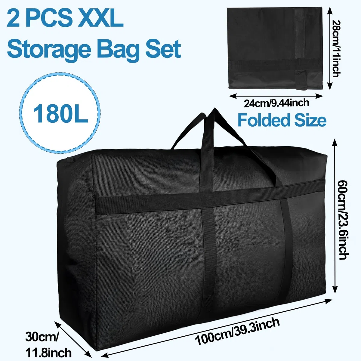 Aufbewahrungstasche XXL 180L, 2 Suck Robuste Oxford Große Tasche, Wasserdichte Umzugstaschen mit Doppelreißverschluss, Schultergurt, Verstärkten Griffen,zur Unterbett, Bettdecken und Reise (180L)