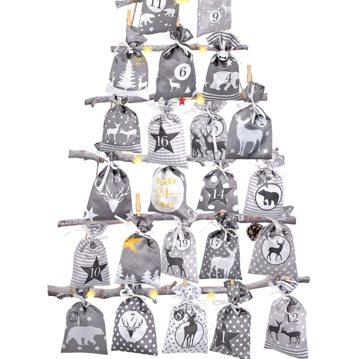 Adventskalender zum Befüllen Groß (12x21cm), 24 Stoffbeutel Kette zum selber Basteln und Aufhängen 2025 Weihnachtskalender zum selberfüllen mit Grau Stoff Säckchen für Kinder junge männer Mädchen