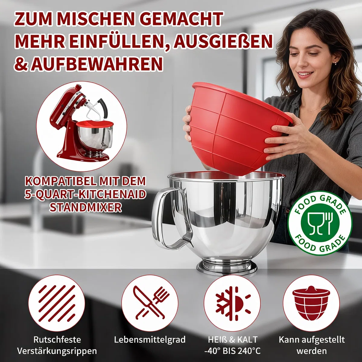 2er Set Silikoneinsatz mit Deckel – Kompatibel mit KitchenAid Schüssel 4,8 L (5 Qt) – Dick + Antirutsch-Rippen, Eigenständig stehend, Innen-Skalierung, Rührschüssel-Einlag