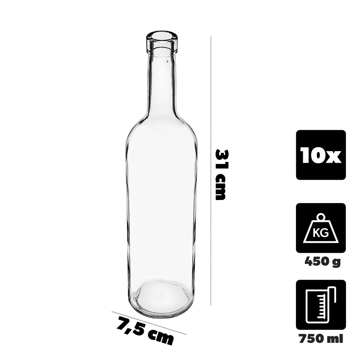 KADAX 10er Set Weinflaschen 750ml, leere Glasflaschen ohne Korken für Wein, Liköre und Spirituosen, Flaschen zum Befüllen, Likörflaschen aus Glas (Transparent)