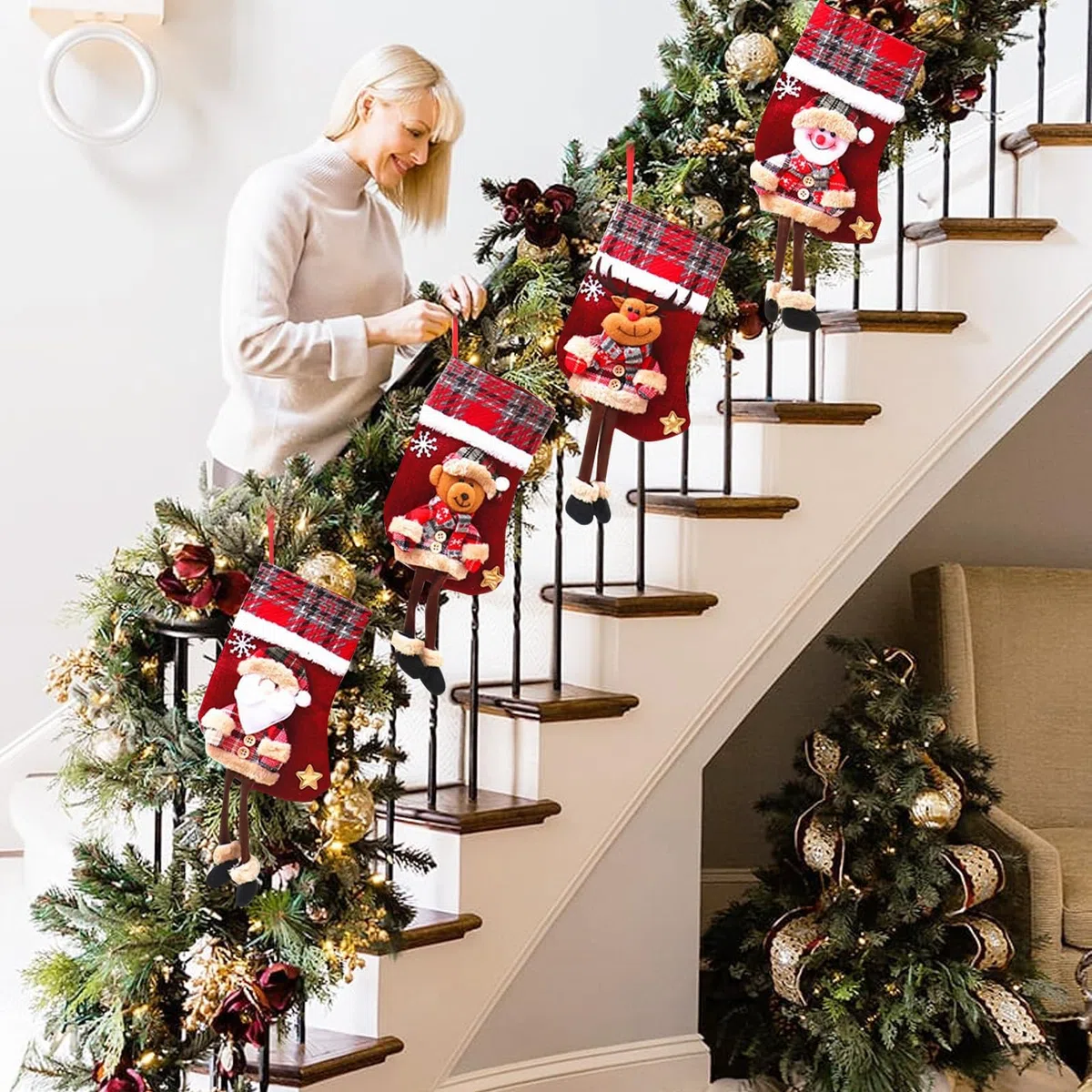 Nikolausstrumpf klein 4 STK Nikolausstiefel Personalisiert 3D Weihnachtsstrumpf Geschenkbeutel Weihnachtssocken zum Befüllen zum Aufhängen für Weihnachten Kamin, Schaufenster
