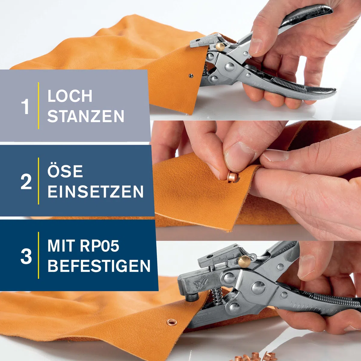 Rapid RP05 Ösenzange Set mit Lochfunktion – Inklusive 105 Ösen (4 mm), Verchromt, Für Leder, Textilien, Schuhe, Segeltuch – 2-in-1 Ösenzange und Lochzange