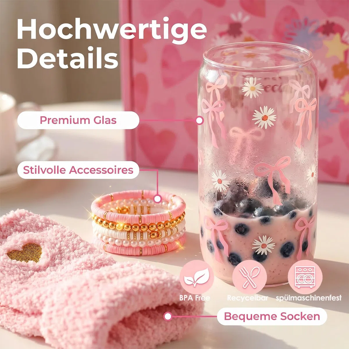 Geschenke für Mädchen, Geburtstagsgeschenk für 9 10 11 12 13 14 15 16 17 18 Jährige Mädchen Teenager mit Kosmetiktasche, Glas, Socken, Haarband, Pinselset Geschenkidee für Freundin Schwester