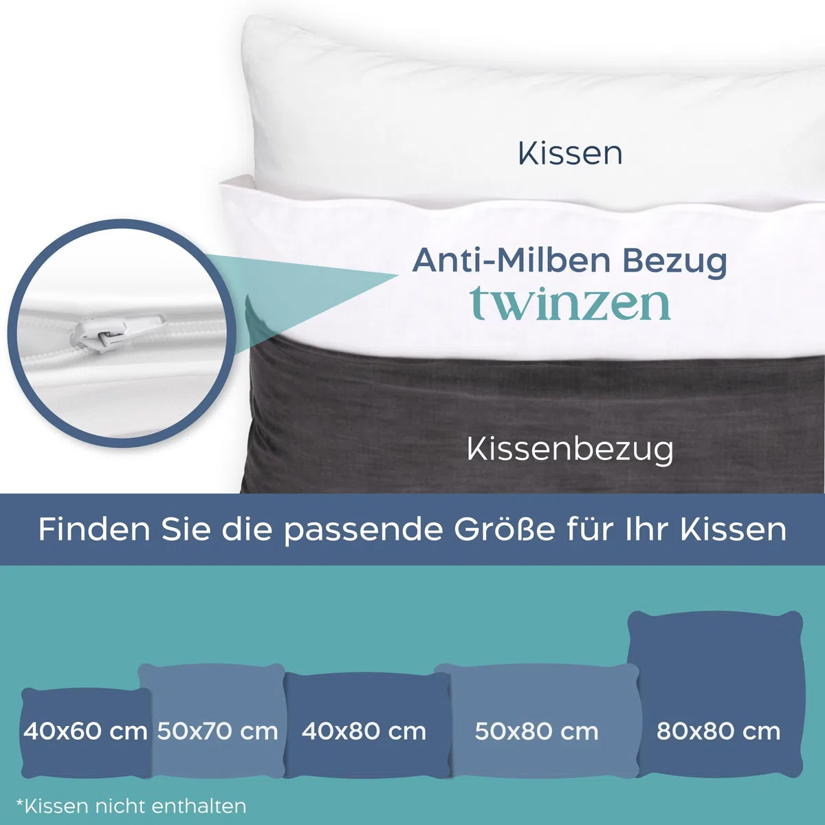 Twinzen 2er-Set Milbenbezug Kopfkissen 80x80 Bezug - Kissenschoner 80x80, Allergiker Bettwäsche mit Reißverschluss - Oeko-Tex Zertifiziert