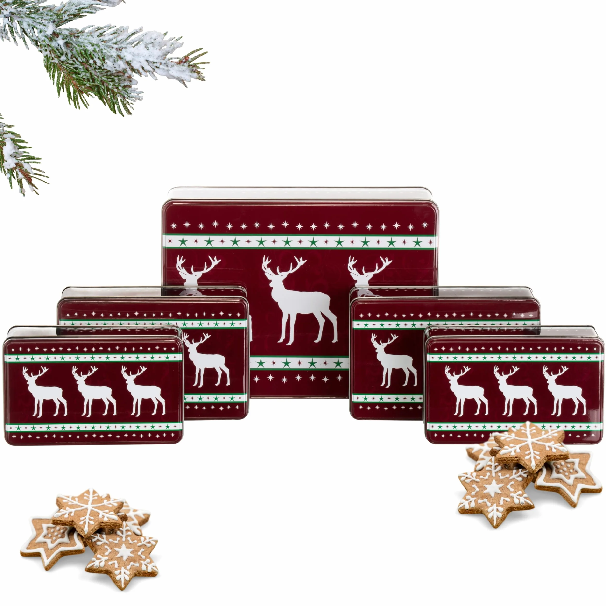 Brandsseller 5er Set Keksdosen aus Metall – Weihnachtsdosen mit Deckel, lebensmittelechte Vorratsdosen für Plätzchen, Gebäck & Kekse – Bordeaux Rentier