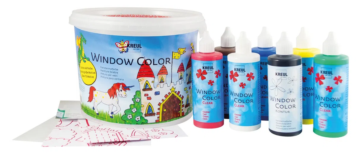 KREUL 40155 - Window Color Power Pack Burg, 6 x 125 ml Fensterfarben, inkl. Konturenfarbe schwarz, für kreative Kinder, Spezialfolie und über 70 Motivvorlagen