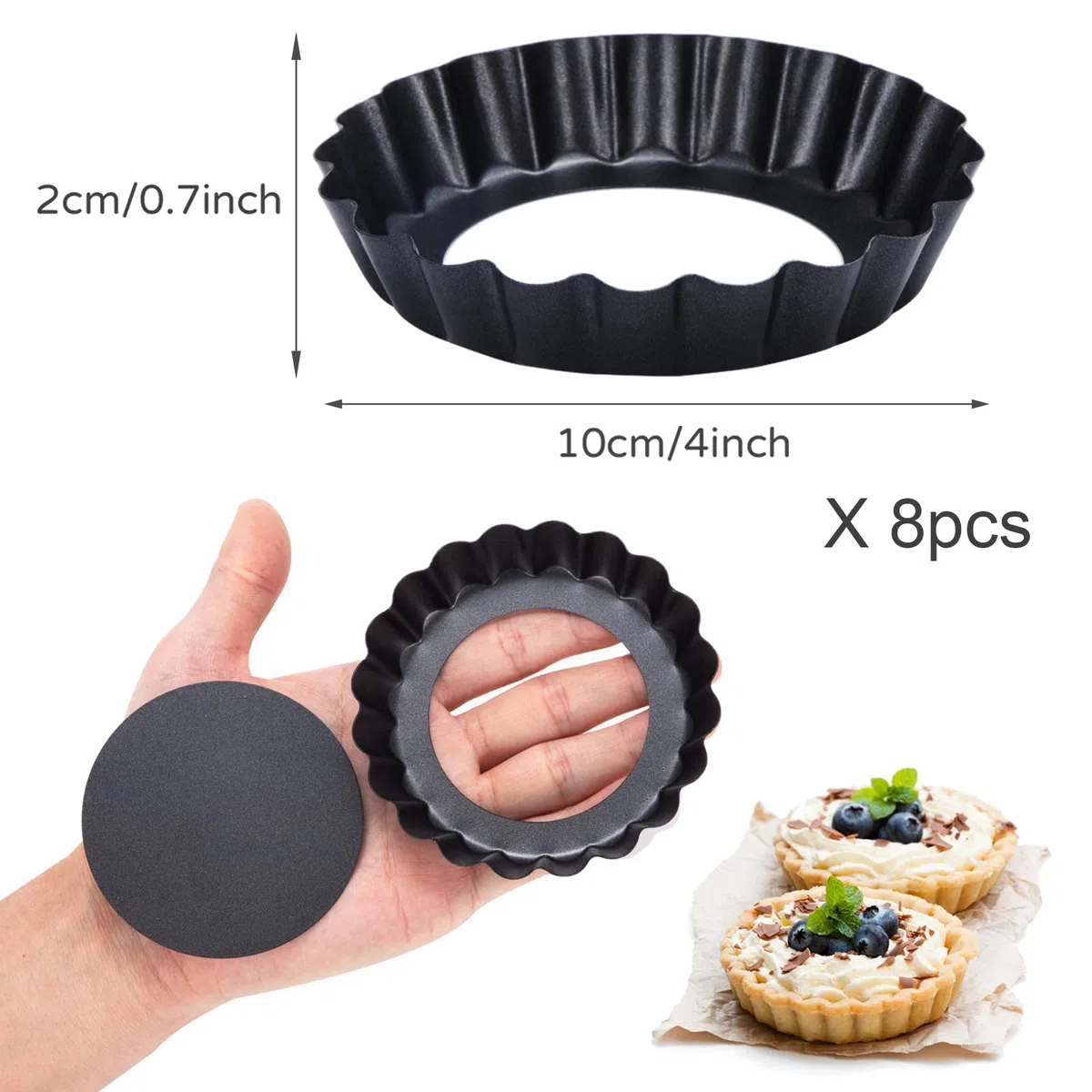 Tarteform mit Hebeboden, 8 Stück Quicheform Klein Tartelette Förmchen Abnehmbare Basis, Antihaftbeschichtung 10 cm Rund Pie Form, Obstkuchenform Tarte Backform Wellenrand