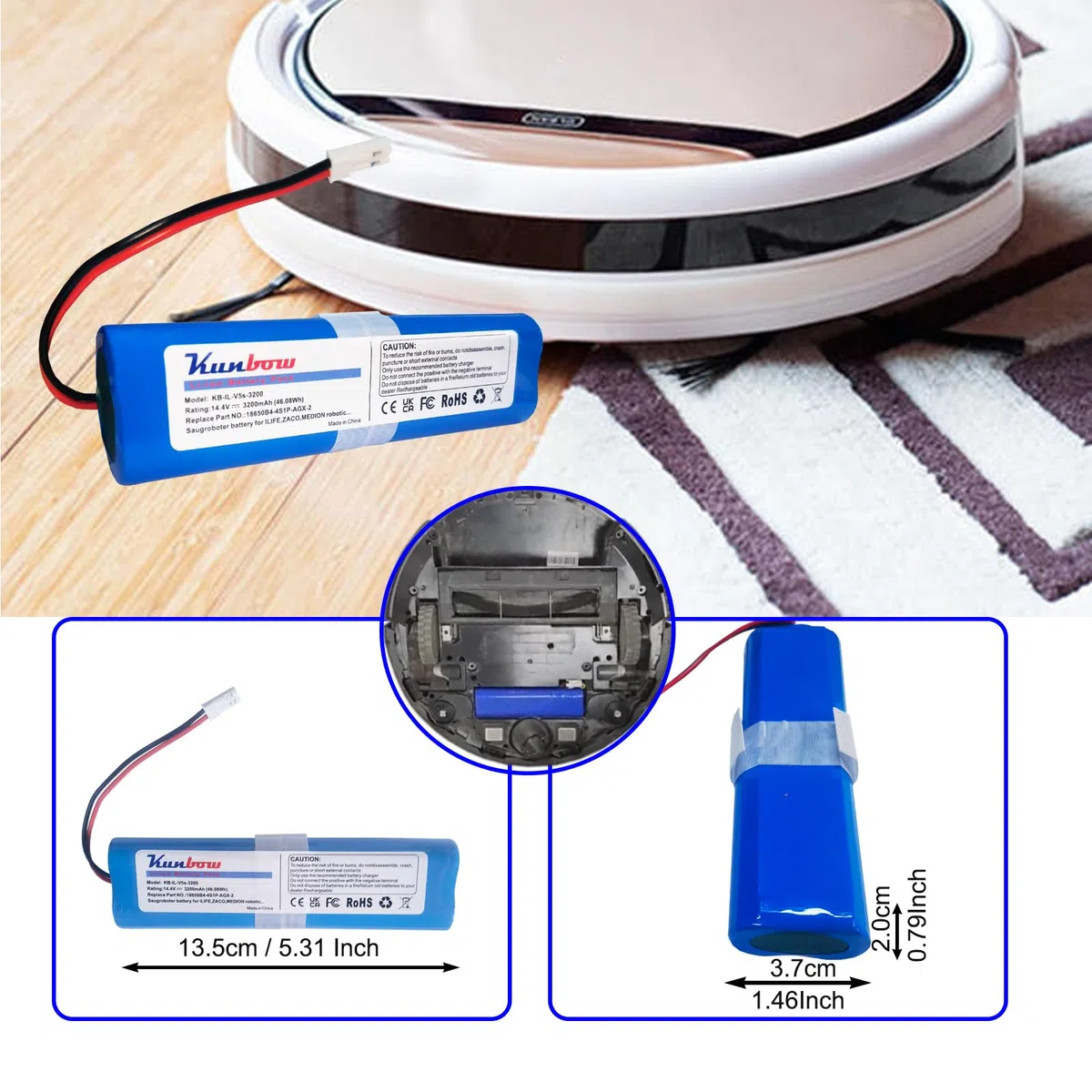 3200mAh Li-ion akku,Ersatzakku für iLife Zaco V5s Pro,V5x, V4, V3s Pro, V8s, V50, V80, V85 Home Cleaner Heimroboter, Ersatz für iLife 18650B4-4S1P-AGX-2 Akku.(14.4V / 46.08Wh)