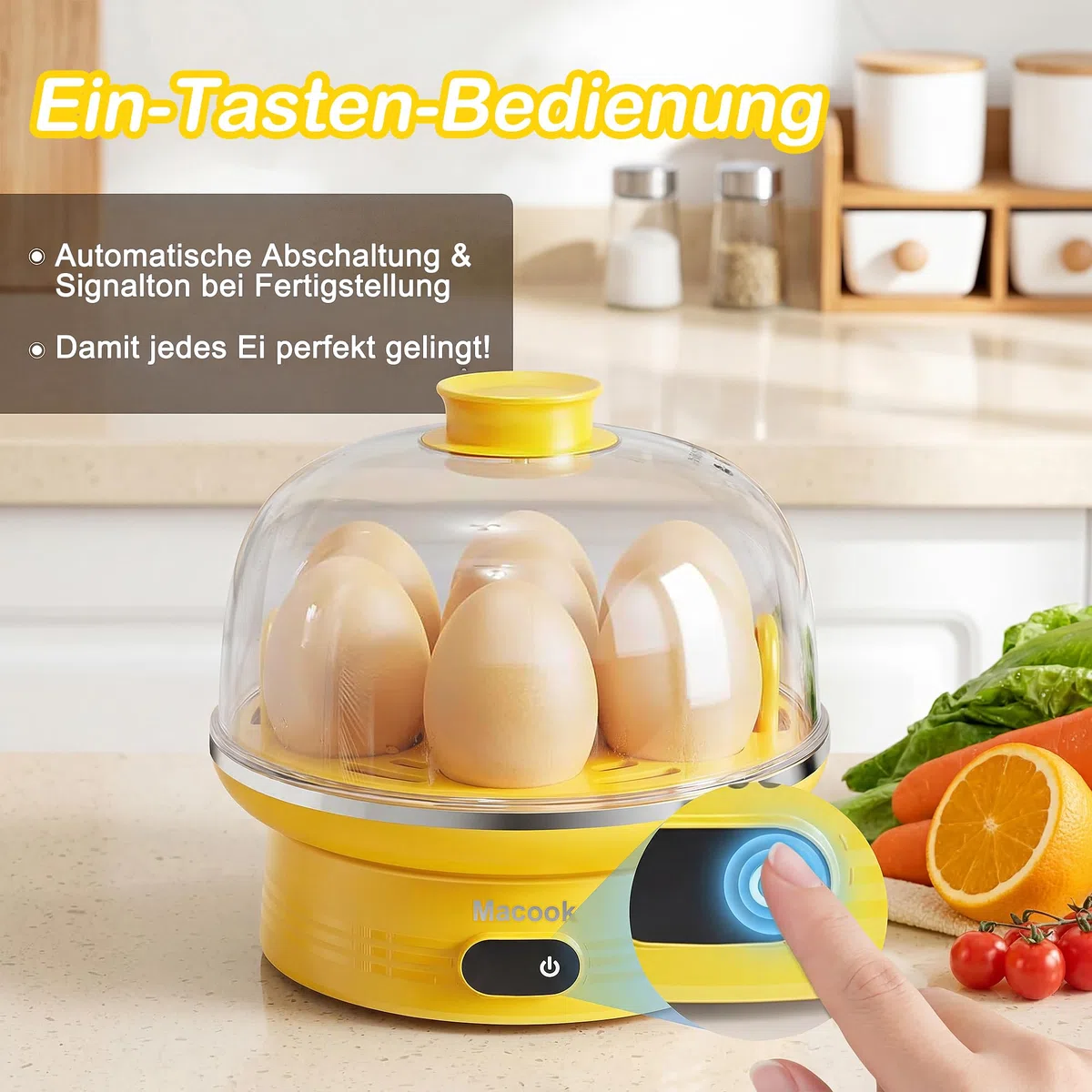 Macook Eierkocher für 1-7 Eier, Eierkocher Testsieger, Egg Cooker Computergesteuerte Kontrolle, Egg Boiler mit LED Touchscreen, BPA-frei, 350W, Gelb [Energieklasse A+++]