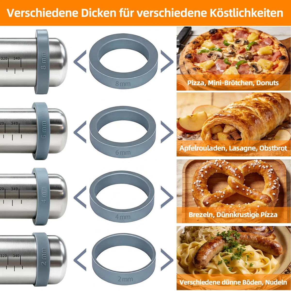 Nudelholz Edelstahl Verstellbar, Teigroller mit Abstandshalter 4 Dickenstufen, Antihaft Rostschutz - 42cm mit Silikon Teigunterlage & Teigspachtel, alle mit Messmarkierung - Für Pizza, Gebäck, Kuchen