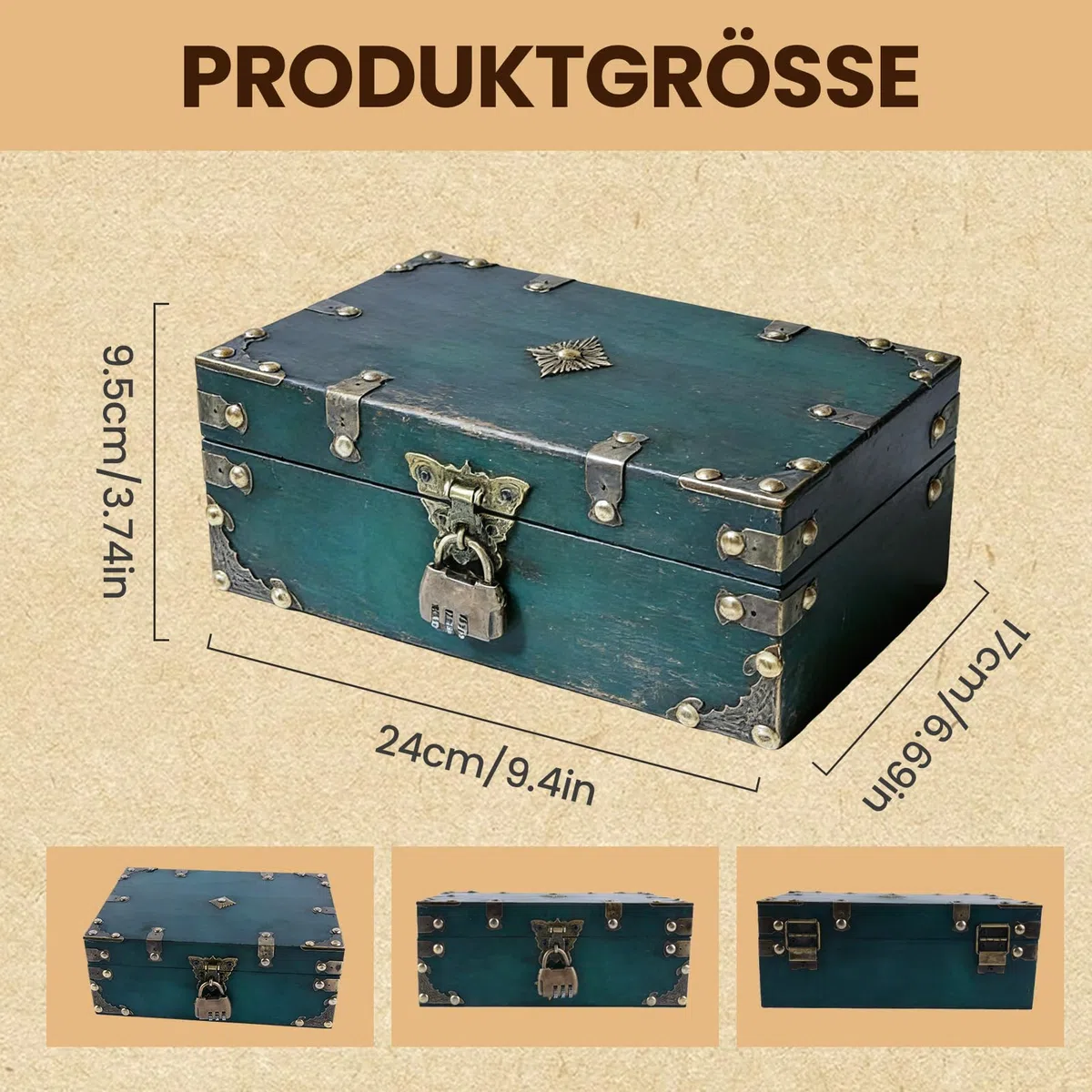 Holzschatzkiste mit Schloss, Vintage-Piraten-Schatzkiste, dekorative Holzaufbewahrungsbox 24 x 17 x 10 cm, rustikale Schmuckschatulle mit Deckel zur Aufbewahrung und Dekoration