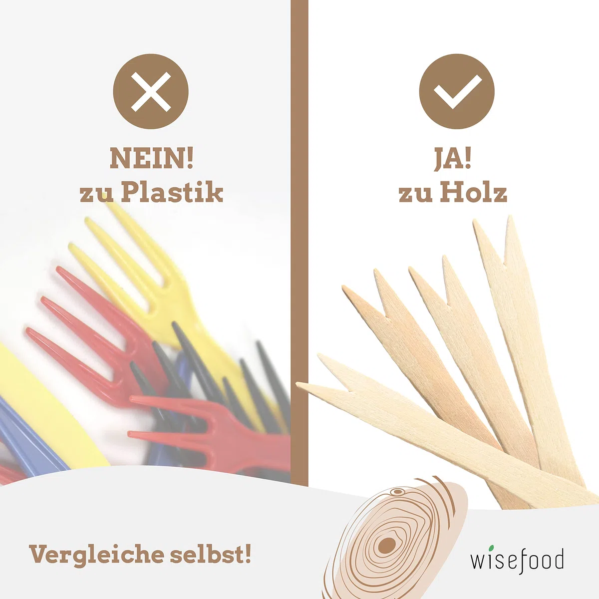 wisefood Früchtegabel Pommesgabel aus Holz 8,5 cm - 1.000 Stück Einweg Besteck - Einwegbesteck - Holzbesteck - biologisch abbaubar - natürlich, stabil, umweltfreundlich