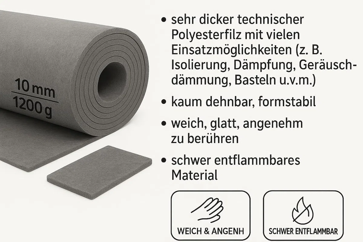 Dicker grauer Filzstoff 10 mm - 160x50 cm, 1200 g/m2 - robuster Polyesterfilz für Handwerk, Dämmung & Schallschutz, Bertoni