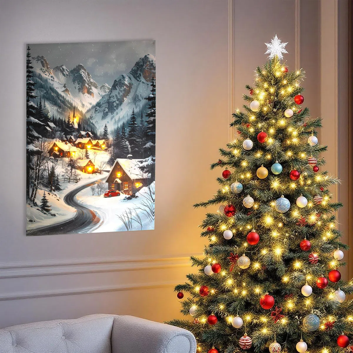 Spetebo Weihnachts Wandbild mit LED Beleuchtung Batterie betrieben - 58 x 38 cm - Winterdorf Leinwandbild warm weiß beleuchtet - Weihnachten Advent Winter Bild Wanddeko Weihnachtsbild Fotodruck