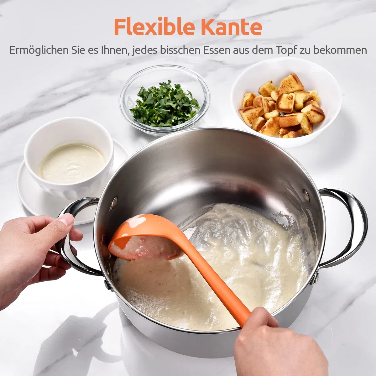 U-Taste 34 cm Silikon-Suppenkelle: 315℃ Hitzebeständige Antihaftbeschichtung aus nahtlosem Gummi Großer tiefer Servierlöffel für die Küche zum Kochen von Saucen Eintöpfen (Orange)