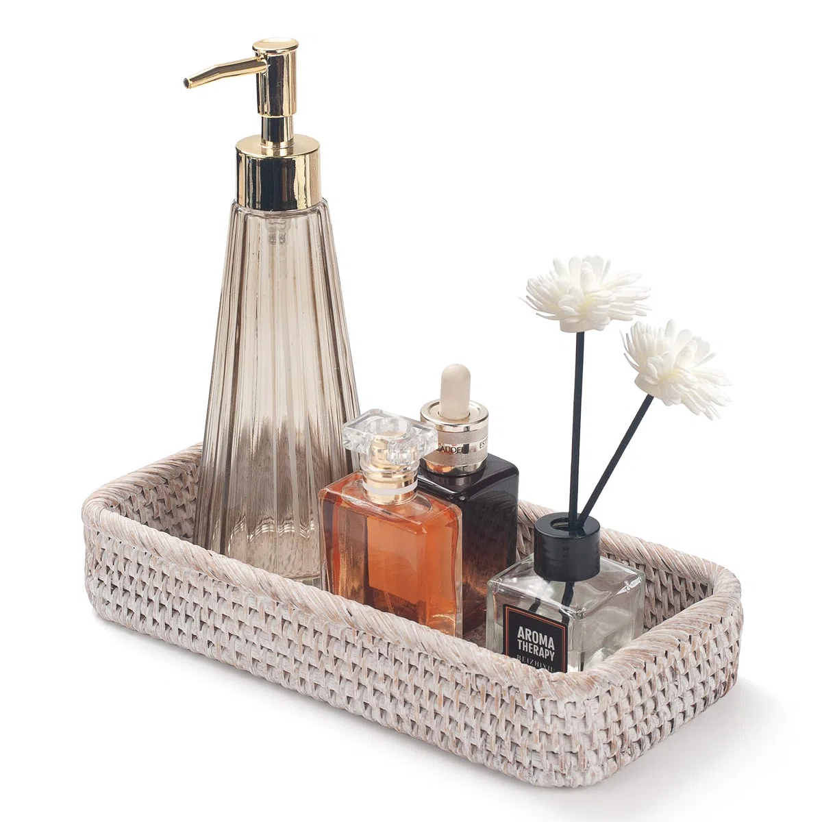 Rattan Badezimmer Tablett, Toilettentank Korb, Gewebter Badezimmer Aufbewahrungskorb zum Organisieren und Dekoration (Weißwäsche, 26 x 12.5 x 4 cm)