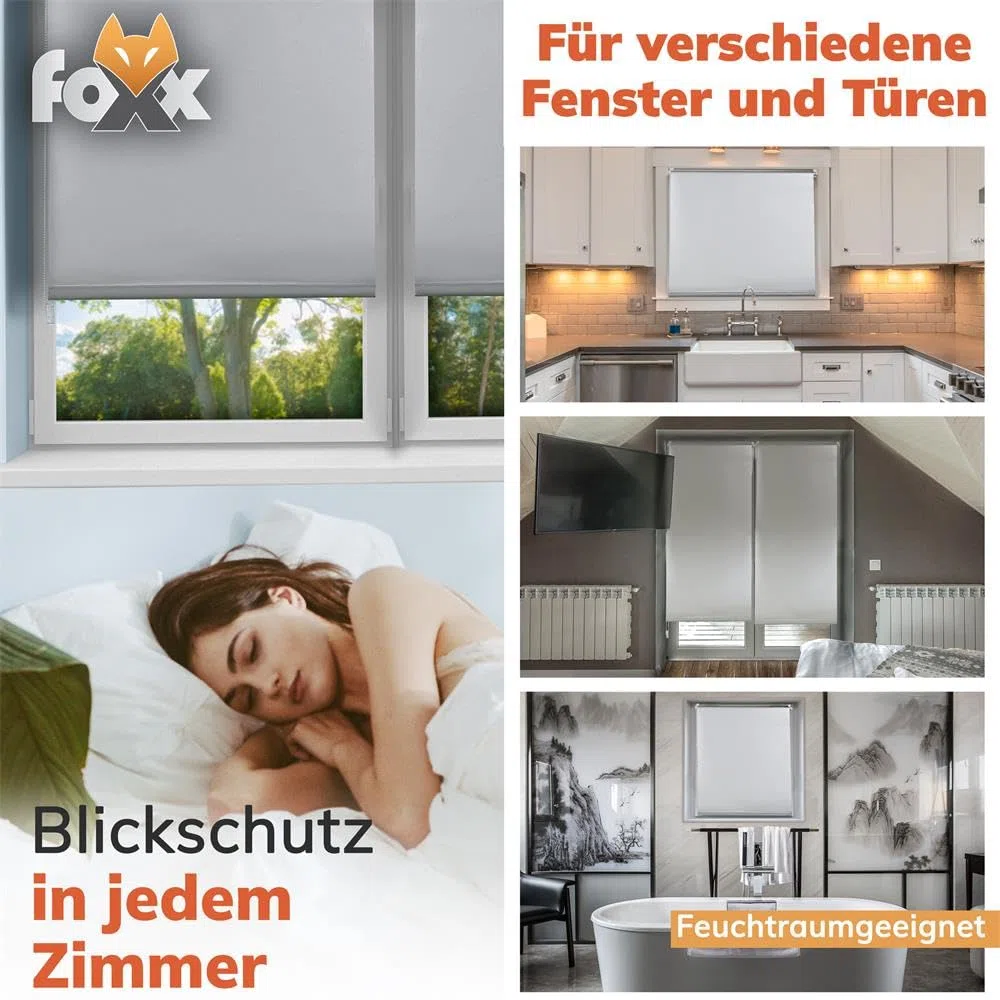 FOXX Thermo Rollo [FÜR Fenster OHNE Bohren] 90x140 cm Grau/Innenrollo Verdunklungsrollo als Sichtschutz/Klemmfix Montage/Für Schlafzimmer, Wohnzimmer, Küche, Büro, Kinderzimmer