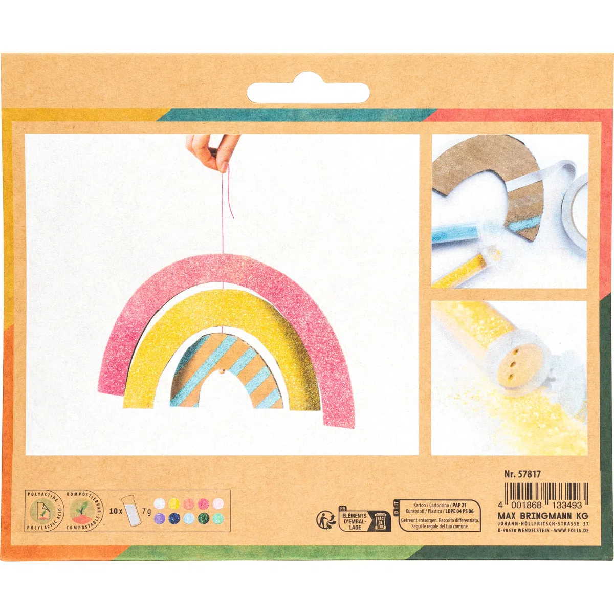 folia 57817 - Bio Glitter Mix RAINBOW L, 10 Tuben à 7g, organischer Glitzer in 10 verschiedenen Farben, zum Verzieren und Dekorieren