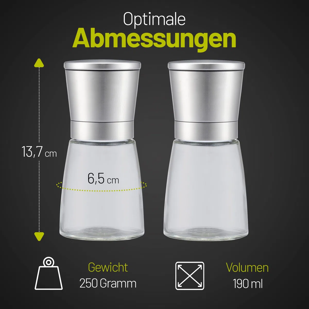 Salz und Pfeffermühle Set 2 Stück – Gewürzmühle Edelstahl, Einstellbares Keramikmahlwerk, 2-teilig, Spülmaschinengeeignet