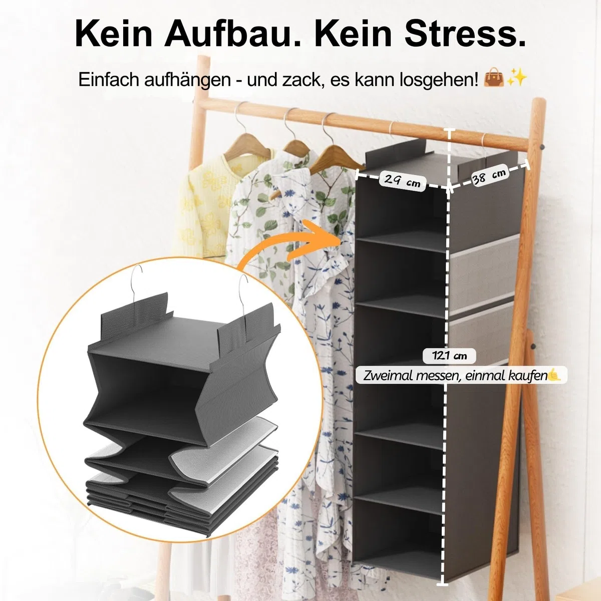 ALLTIDYUP Extra tiefer Hängeorganizer, Kleiderschrank Organizer Aufbewahrung 6 Fächer, Mesh-Taschen, stabil, platzsparend, ideal für Studentenwohnheim, Wohnmobil, Grau, 1 Stück